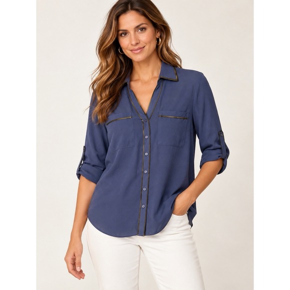 Express Tops - NWT Express Portofino Slim Shirt Womens X-Small Blue Blouse Top Roll Tab Sleeve